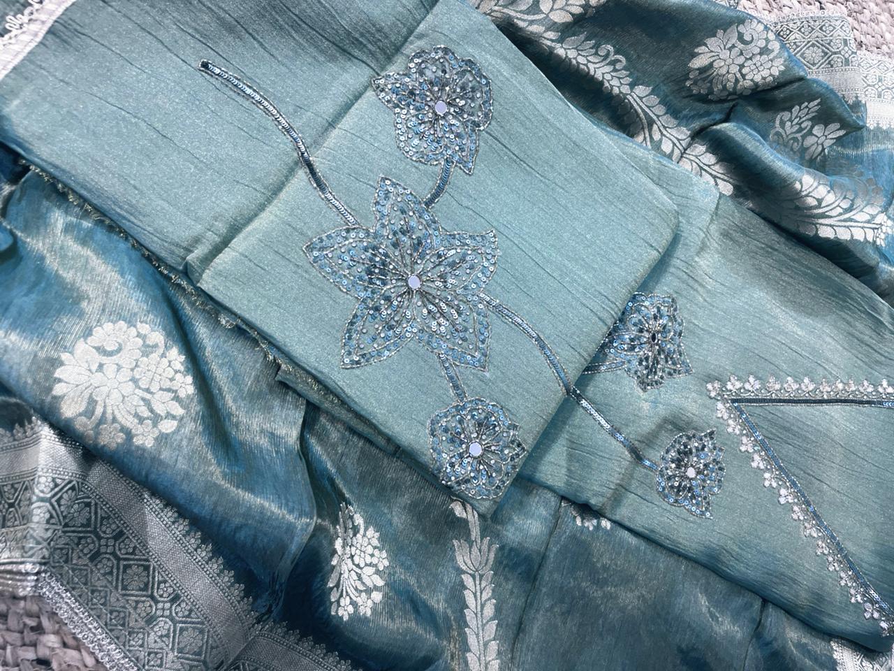 Metallic Shimmer Crush Tissue Silk Suit with Hand Embroidery & Banarasi Dupatta  Grey and dark green