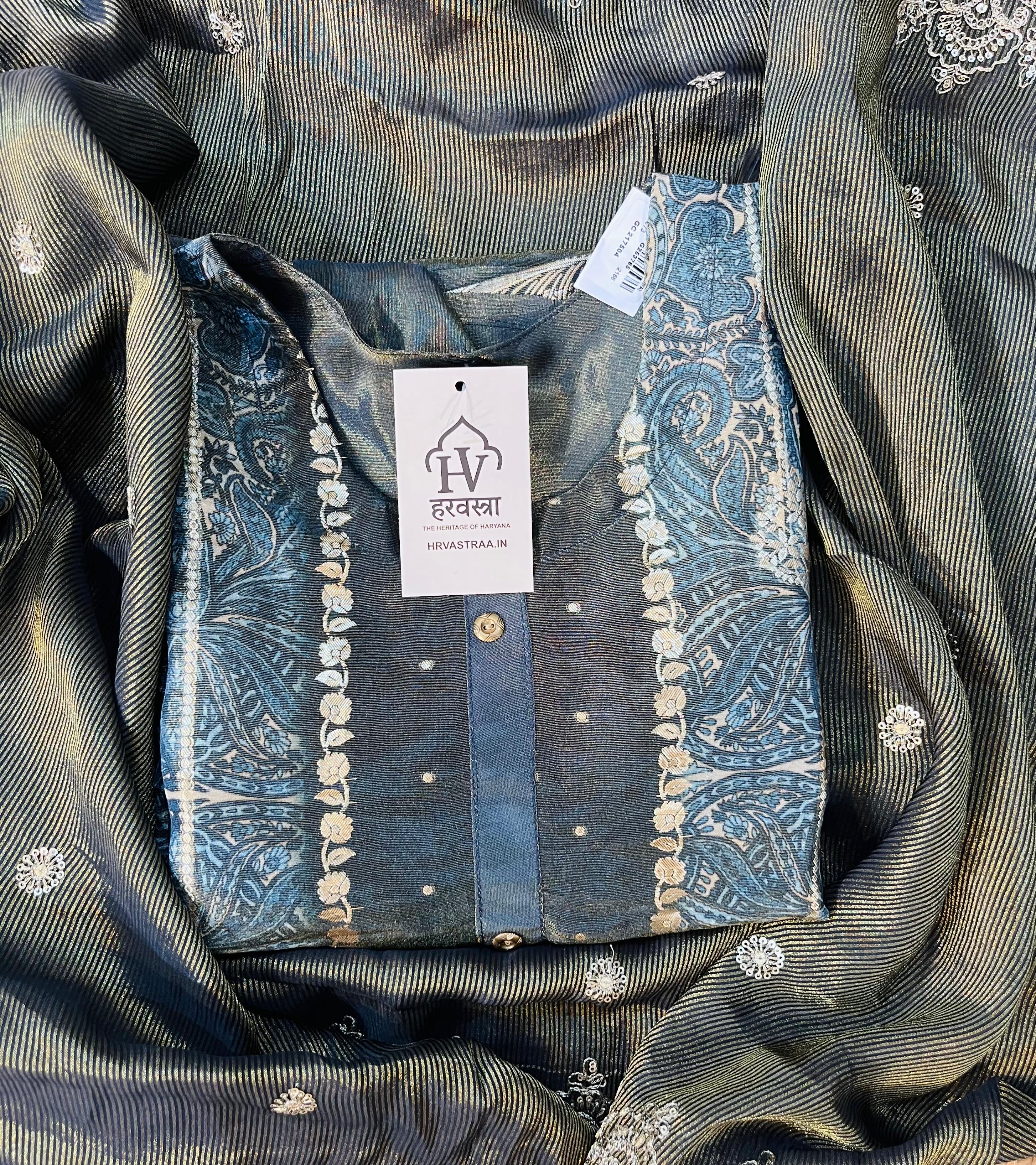 Deep black-blue base with a rich olive-golden dupatta — a rare and royal combination that exudes elegance.