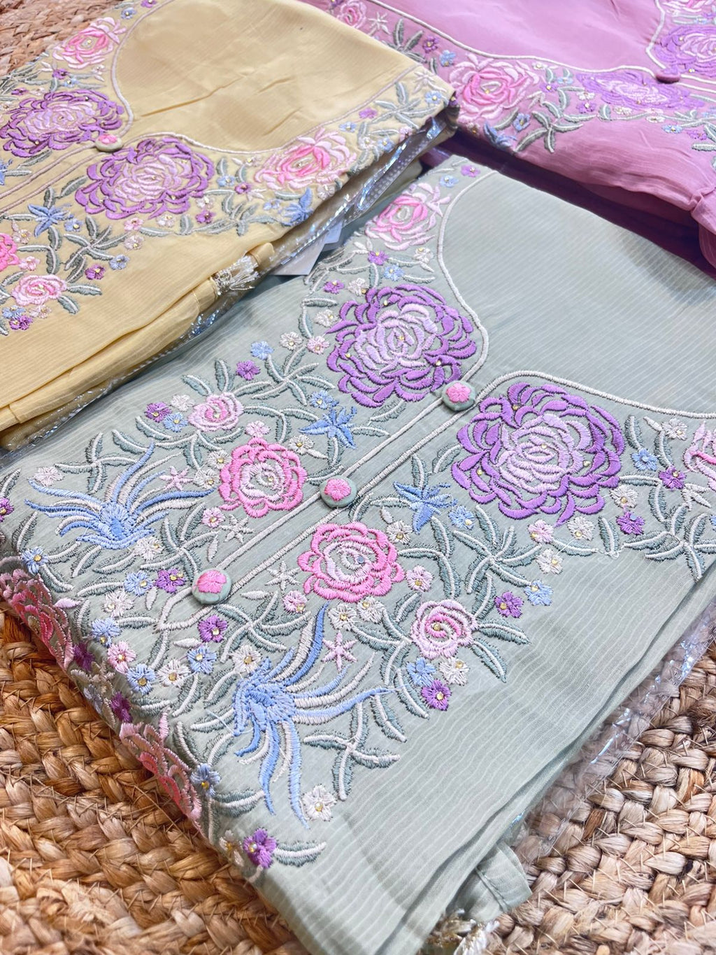 ✨ Elegant Floral Embroidered Organza Suit Set – Mauve, Lemon Yellow & Sage Green