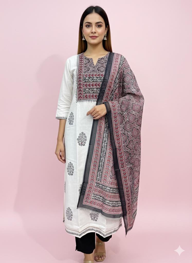 Off White Cotton Suit with Katha and Ajrak Work Dupatta