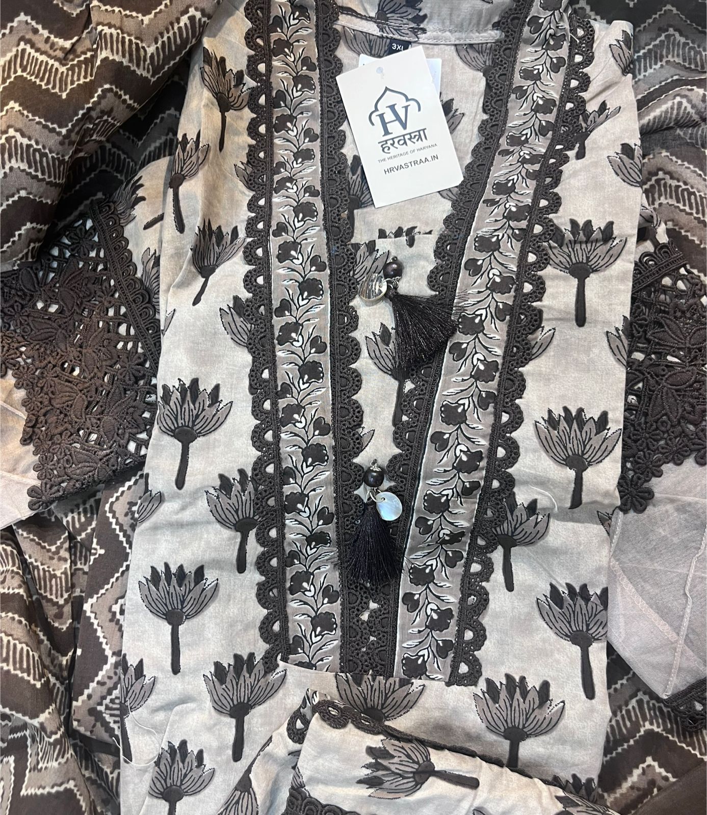 Elegant Brown & Beige Printed Cotton stitched Suit Set with Embroidered Detailing -HRVASTRAA