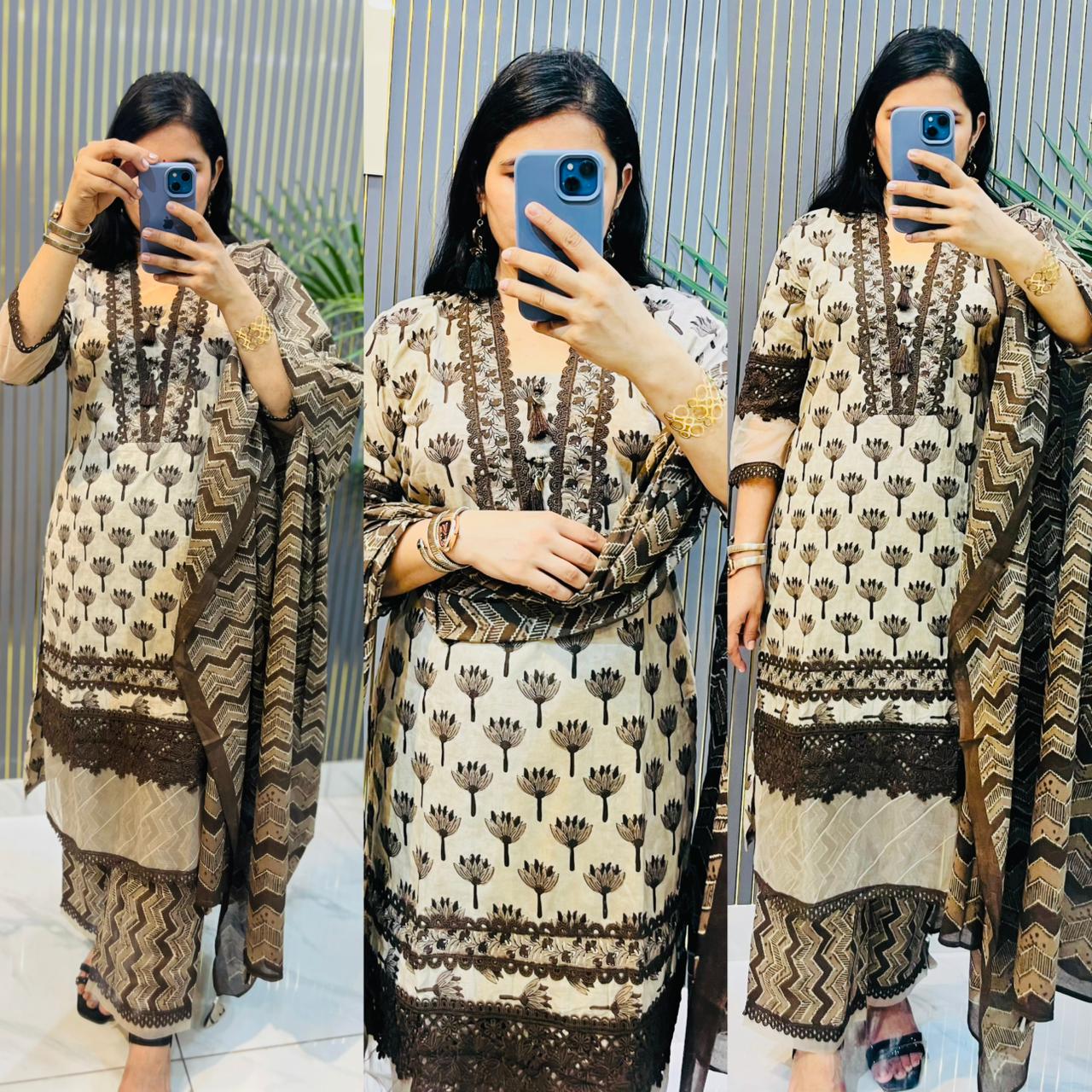 Elegant Brown & Beige Printed Cotton stitched Suit Set with Embroidered Detailing -HRVASTRAA