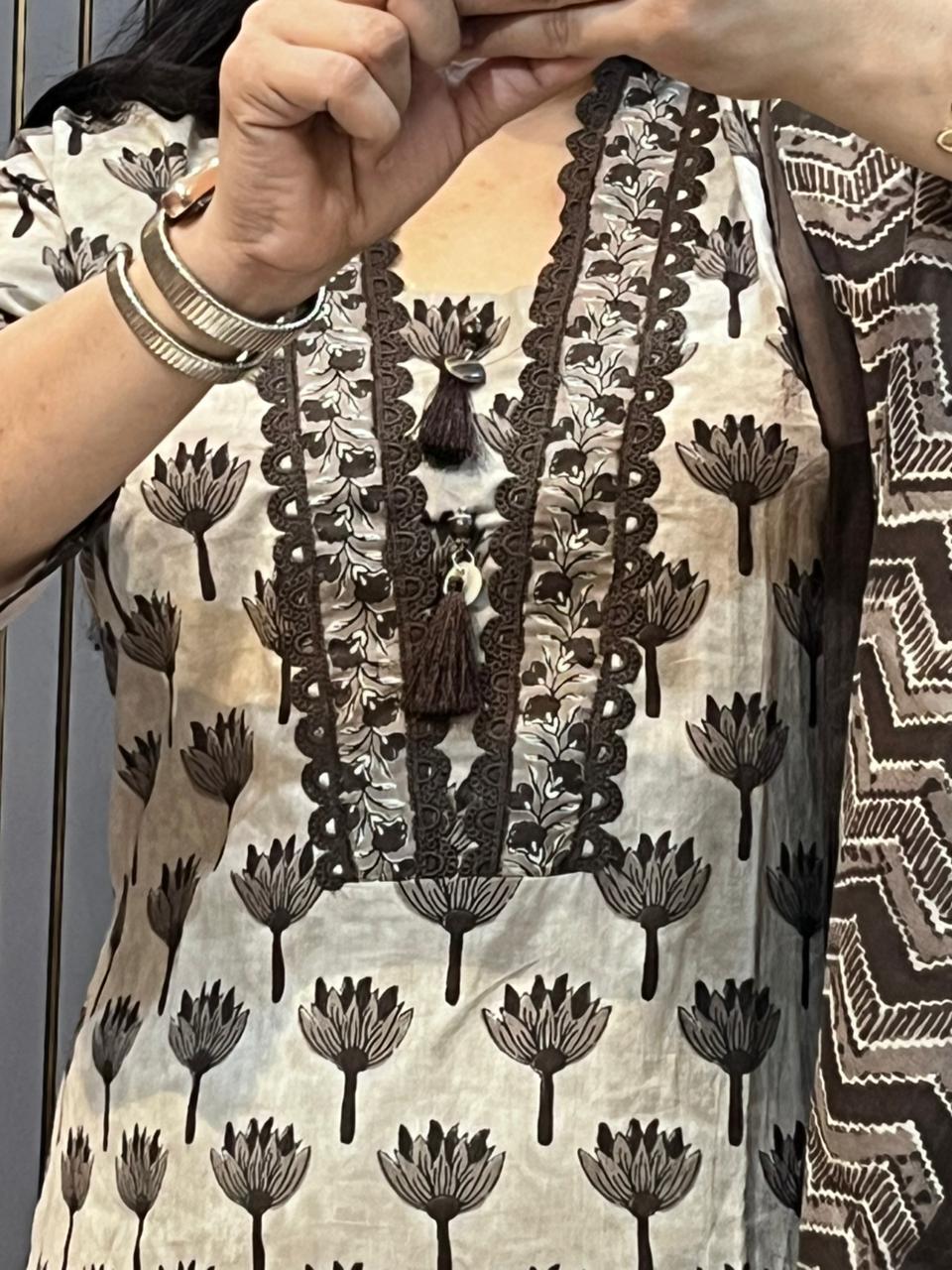 Elegant Brown & Beige Printed Cotton stitched Suit Set with Embroidered Detailing -HRVASTRAA