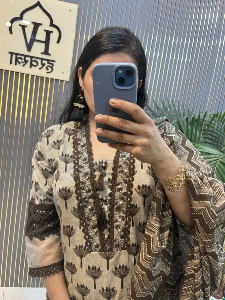 Elegant Brown & Beige Printed Cotton stitched Suit Set with Embroidered Detailing -HRVASTRAA