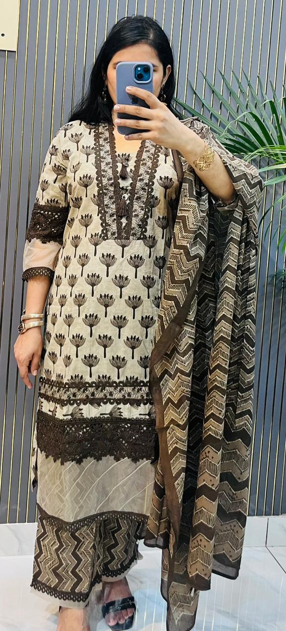 Elegant Brown & Beige Printed Cotton stitched Suit Set with Embroidered Detailing -HRVASTRAA