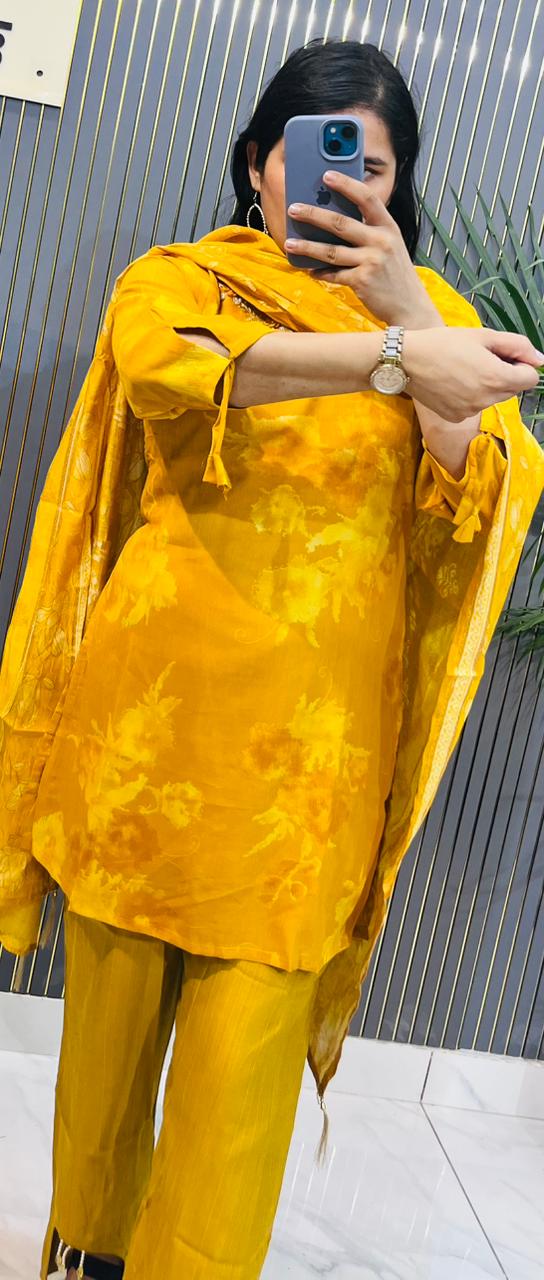 Sunshine Mustard Yellow Floral Printed stitched Suit Set with Embroidered Neckline & Dupatta- HRVASTRAA