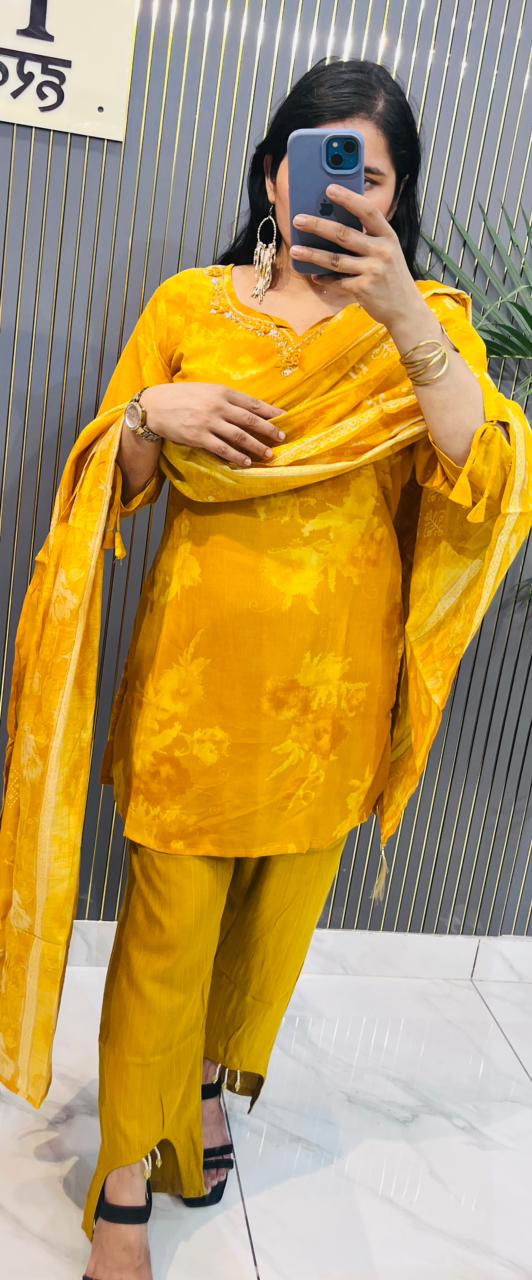 Sunshine Mustard Yellow Floral Printed stitched Suit Set with Embroidered Neckline & Dupatta- HRVASTRAA