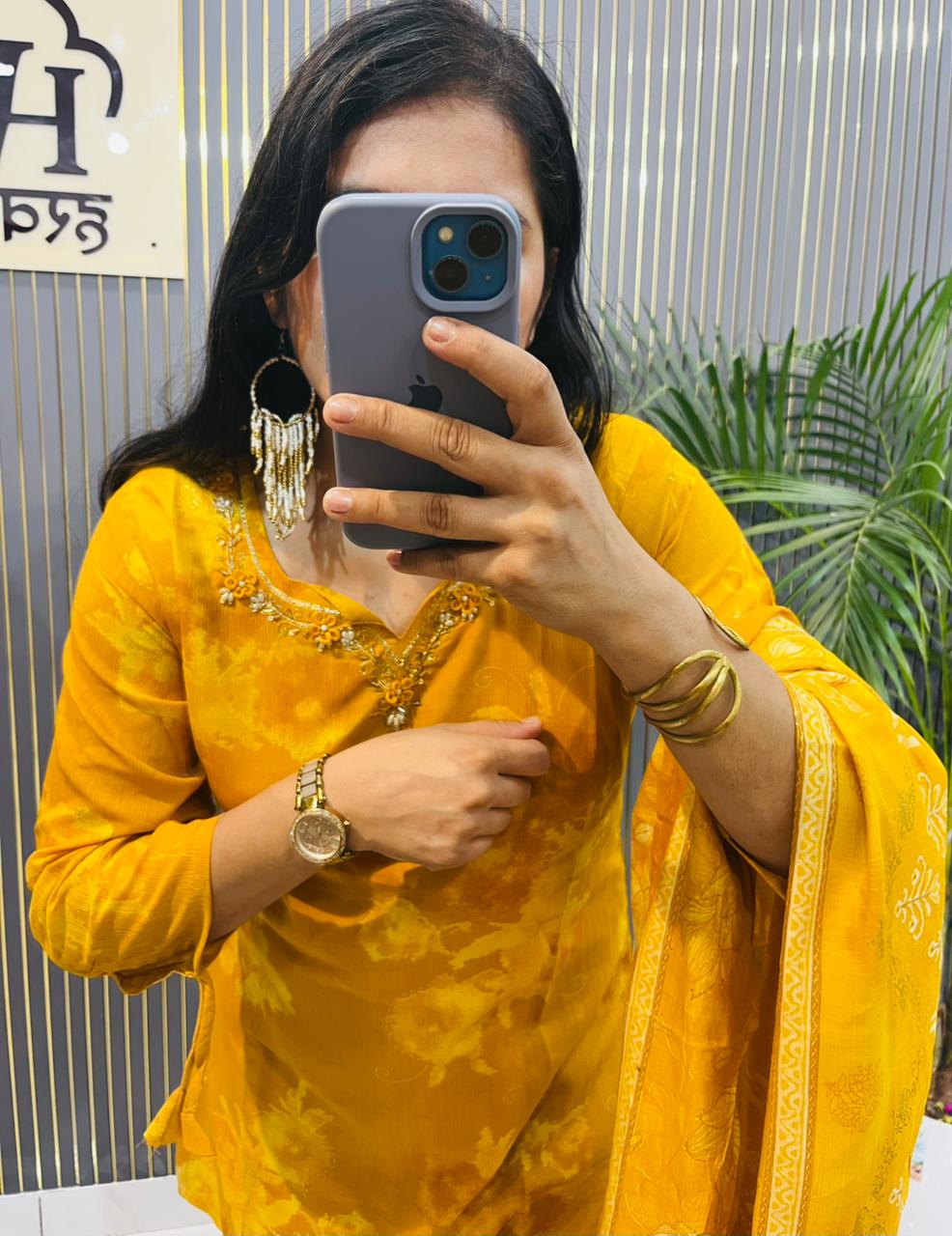 Sunshine Mustard Yellow Floral Printed stitched Suit Set with Embroidered Neckline & Dupatta- HRVASTRAA