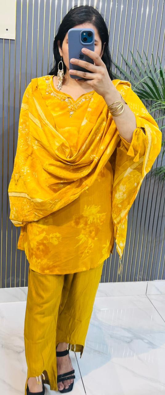 Sunshine Mustard Yellow Floral Printed stitched Suit Set with Embroidered Neckline & Dupatta- HRVASTRAA