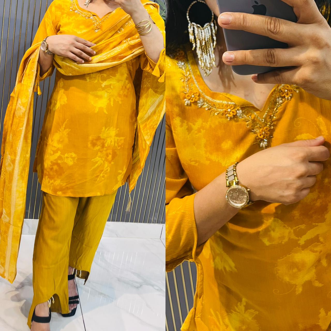 Sunshine Mustard Yellow Floral Printed stitched Suit Set with Embroidered Neckline & Dupatta- HRVASTRAA