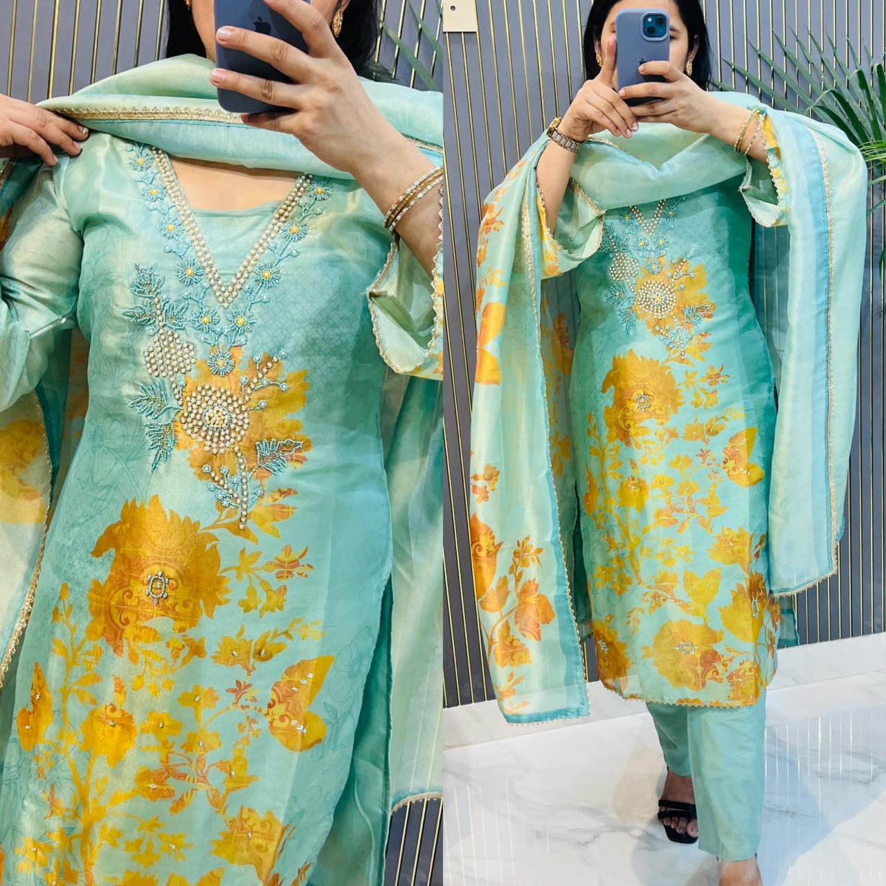 Aqua Blue Organza  stitched Suit with Golden Floral Embroidery & Pearl Detailing- HRVASTRAA