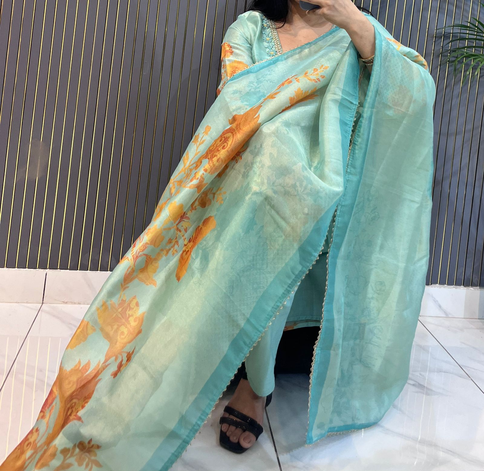 Aqua Blue Organza  stitched Suit with Golden Floral Embroidery & Pearl Detailing- HRVASTRAA