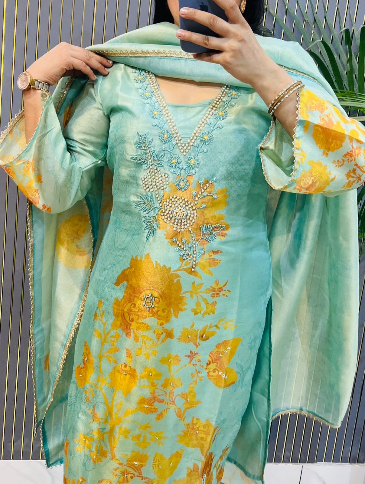 Aqua Blue Organza  stitched Suit with Golden Floral Embroidery & Pearl Detailing- HRVASTRAA