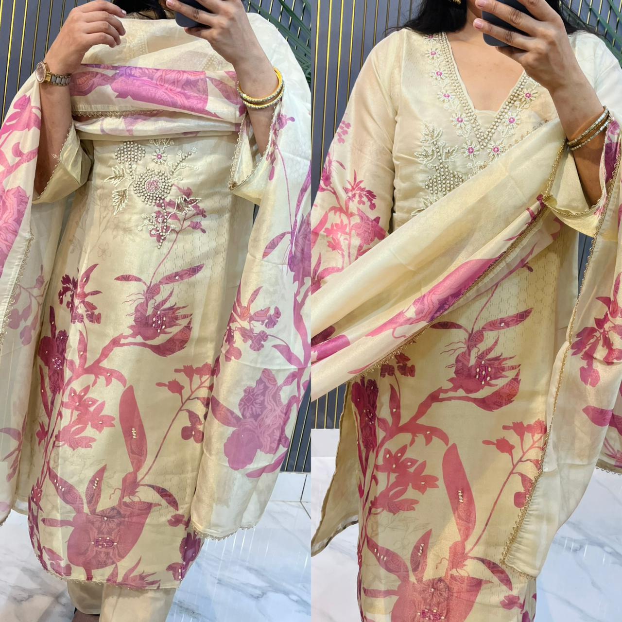 Ivory Organza  stitched Suit with Pink Floral Print & Hand Embellished Neckline - HRVASTRAA