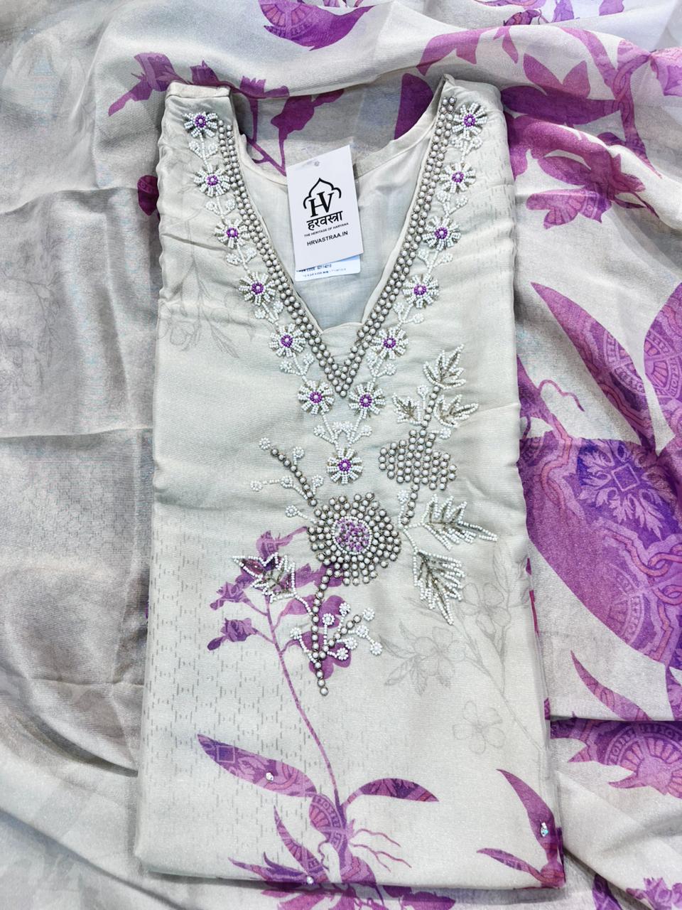 Ivory Organza  stitched Suit with Pink Floral Print & Hand Embellished Neckline - HRVASTRAA