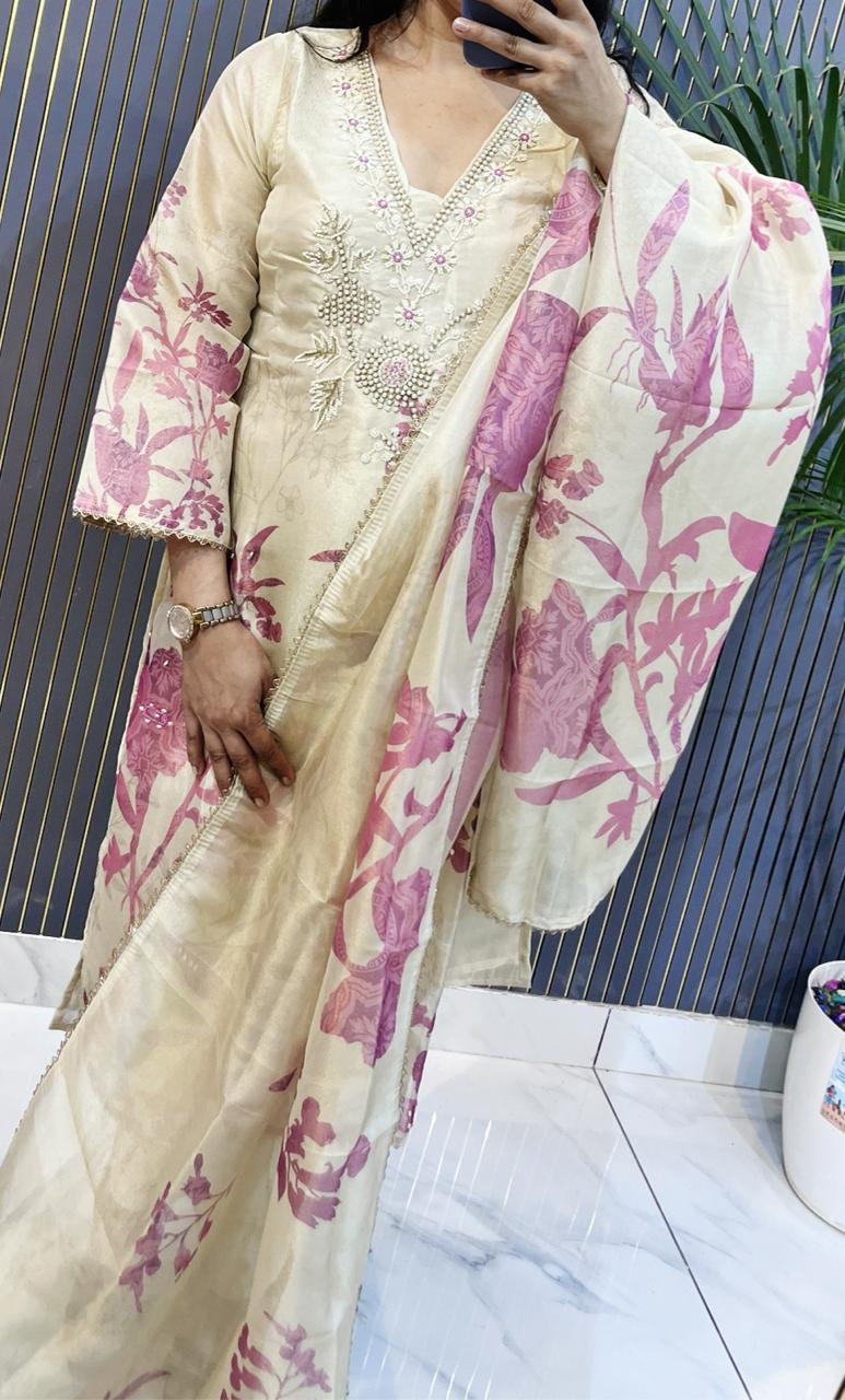 Ivory Organza  stitched Suit with Pink Floral Print & Hand Embellished Neckline - HRVASTRAA