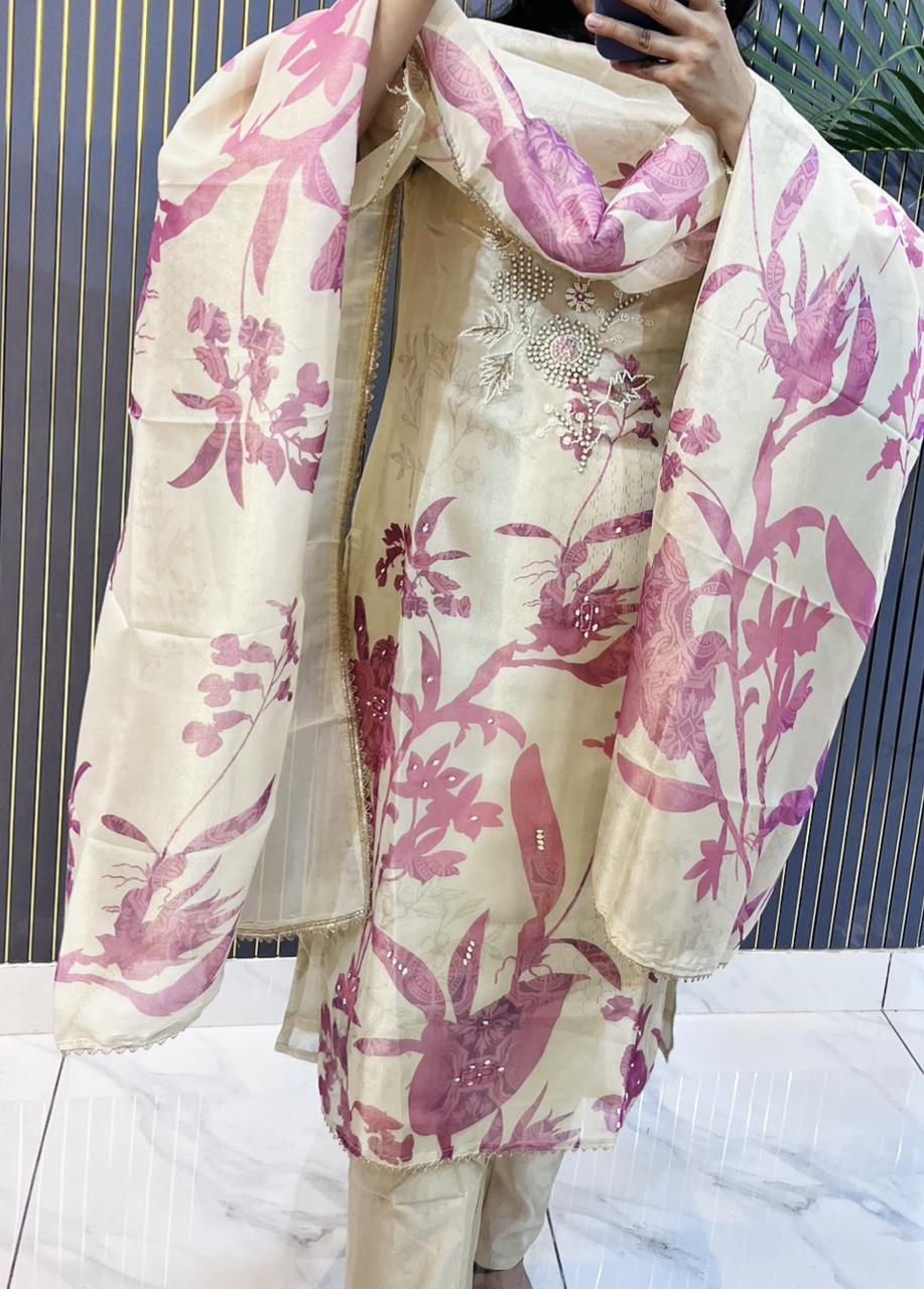Ivory Organza  stitched Suit with Pink Floral Print & Hand Embellished Neckline - HRVASTRAA