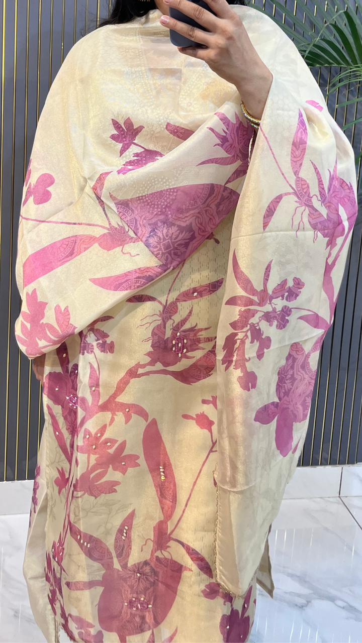 Ivory Organza  stitched Suit with Pink Floral Print & Hand Embellished Neckline - HRVASTRAA