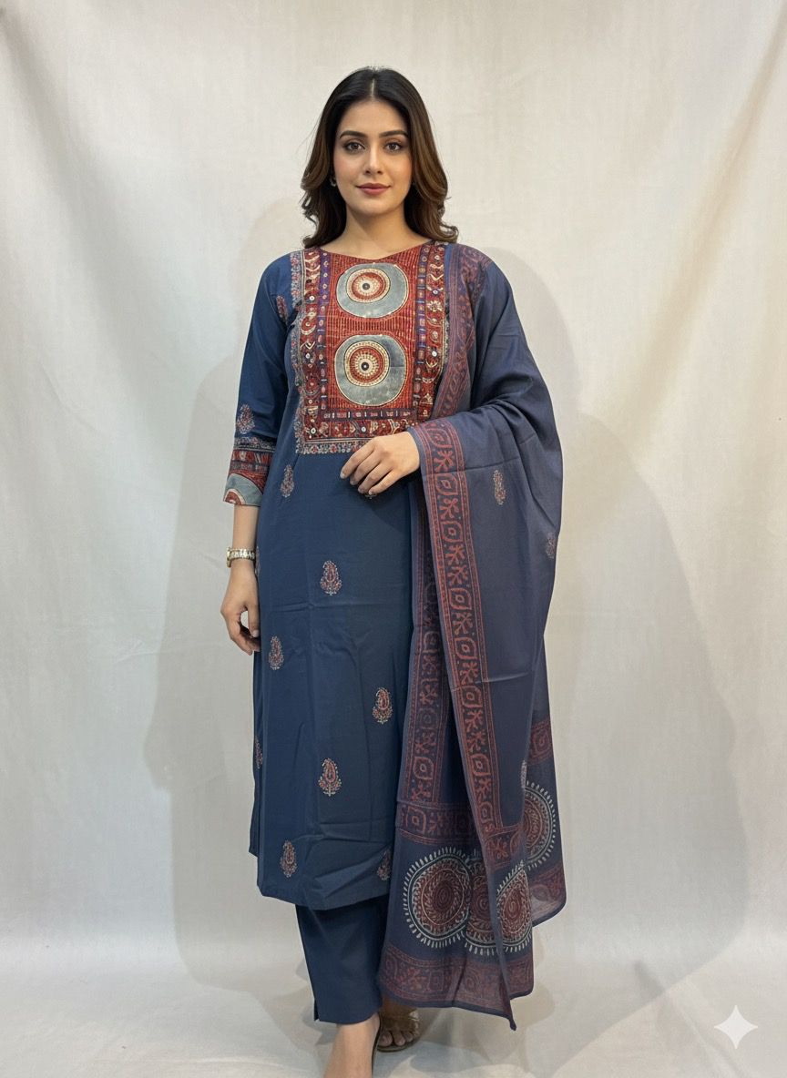 Elegant Blue Embroidered Suit Set with Printed dupatta | Ready-to-Wear Ethnic Kurta Set- HRVASTRAA