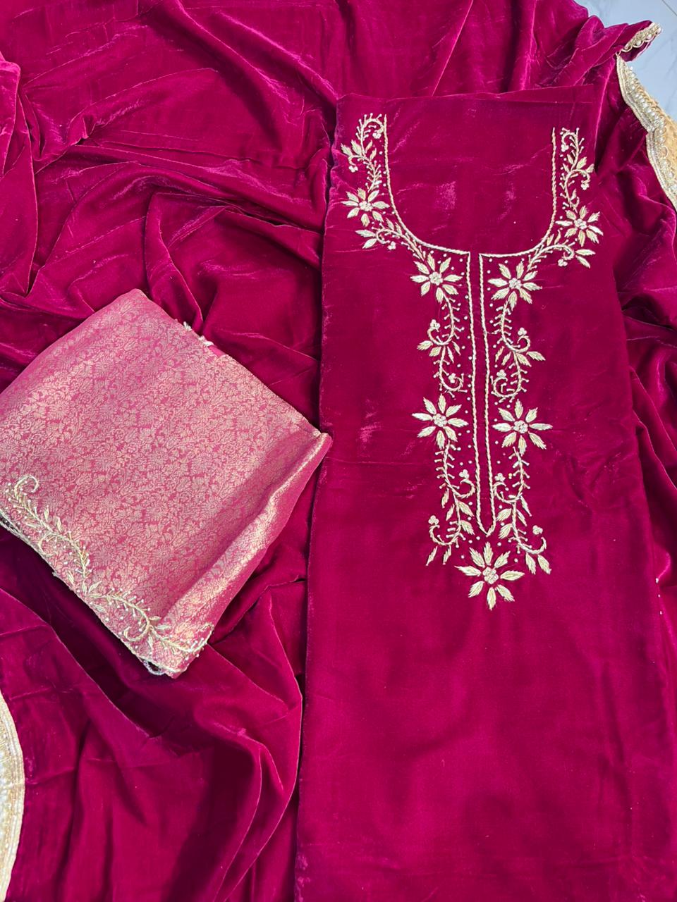 Royal Velvet Zardosi unstitched Suit — Where Elegance Meets Luxury - HRVASTRAA