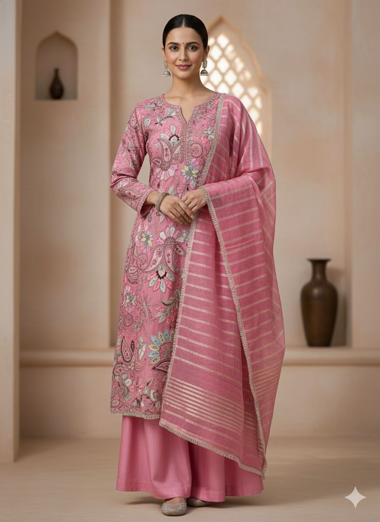 Elegance in Pink – Premium Crepe Hand-Embroidered  unstitched Suit- HRVASTRAA