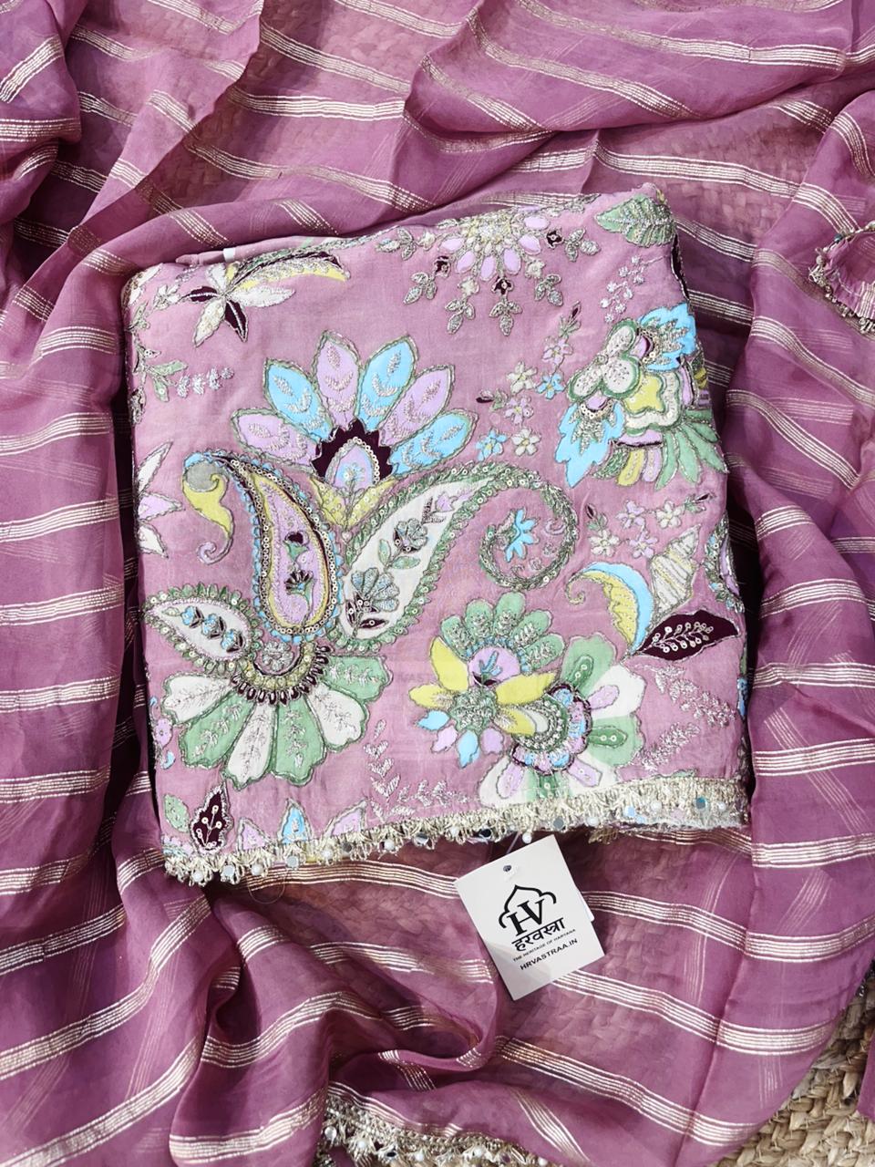 Elegance in Pink – Premium Crepe Hand-Embroidered  unstitched Suit- HRVASTRAA
