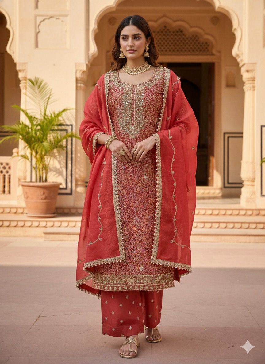 Elegant Coral Heavy Embroidered Crepe unstitched Suit with Handwork & Organza Dupatta - HRVASTRAA