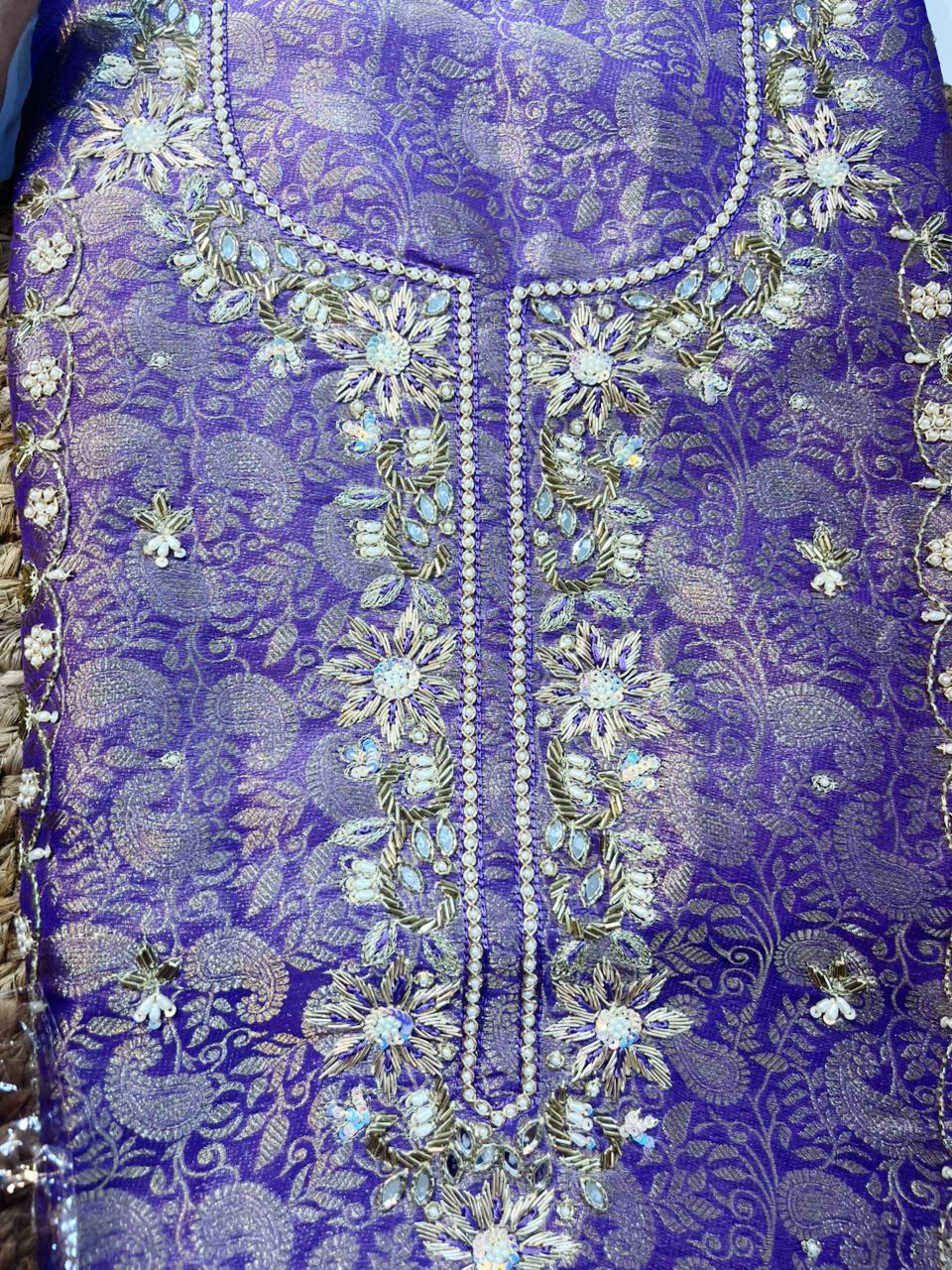 Elegant Coral Heavy Embroidered Crepe unstitched Suit with Handwork & Organza Dupatta - HRVASTRAA