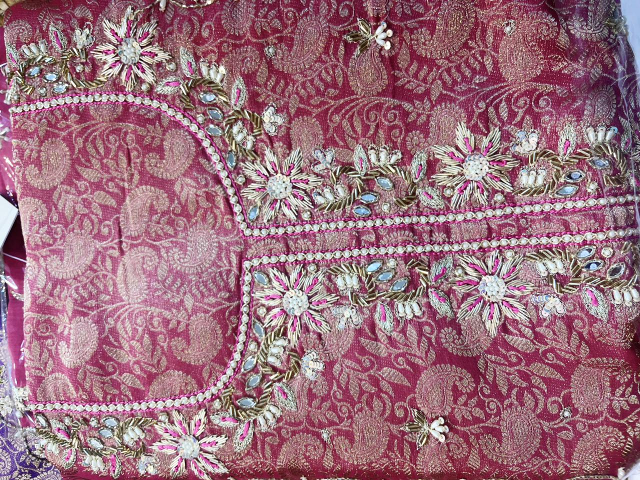 Elegant Coral Heavy Embroidered Crepe unstitched Suit with Handwork & Organza Dupatta - HRVASTRAA