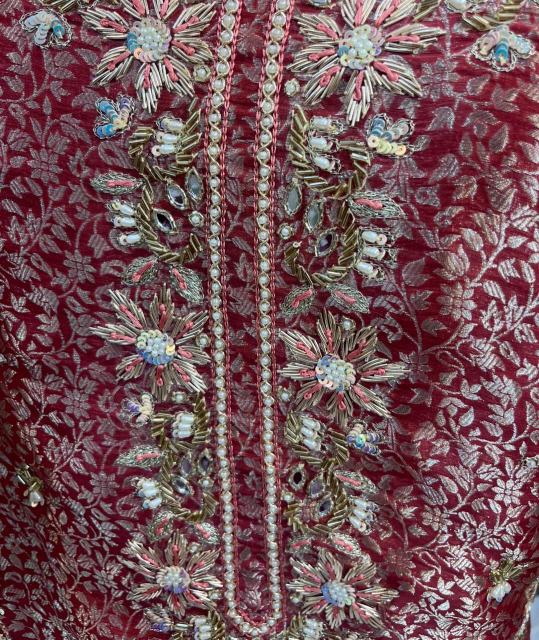 Elegant Coral Heavy Embroidered Crepe unstitched Suit with Handwork & Organza Dupatta - HRVASTRAA