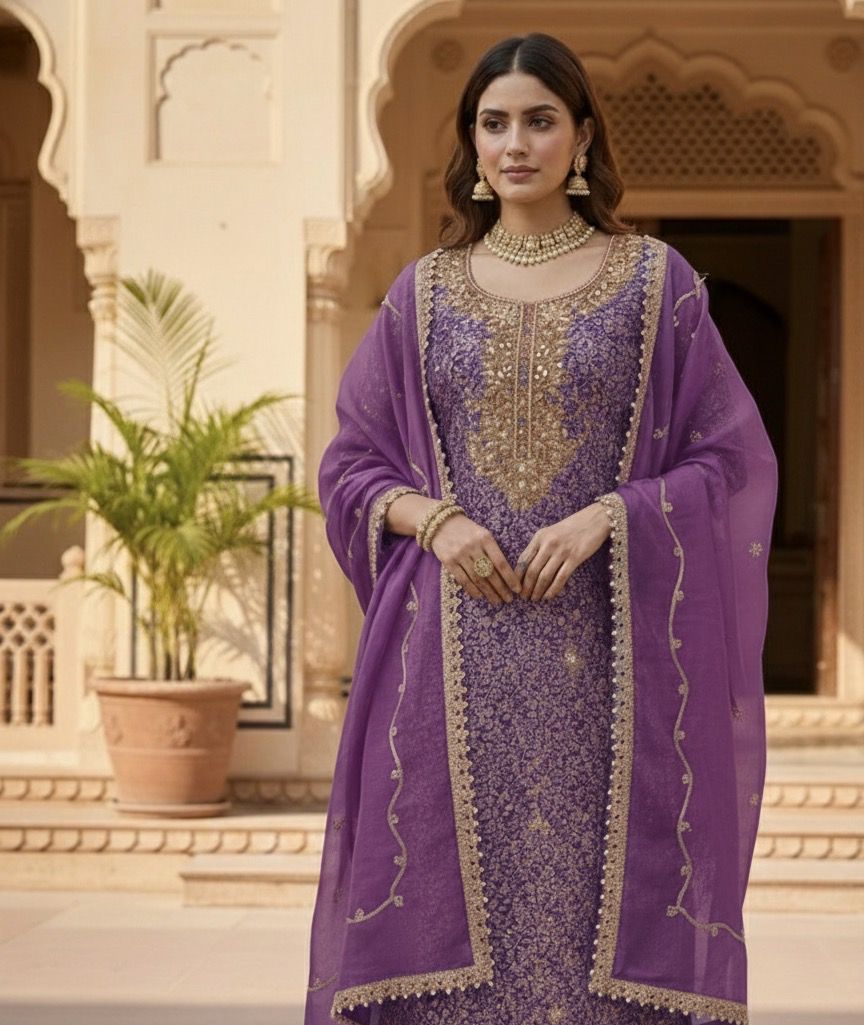 Elegant Coral Heavy Embroidered Crepe unstitched Suit with Handwork & Organza Dupatta - HRVASTRAA