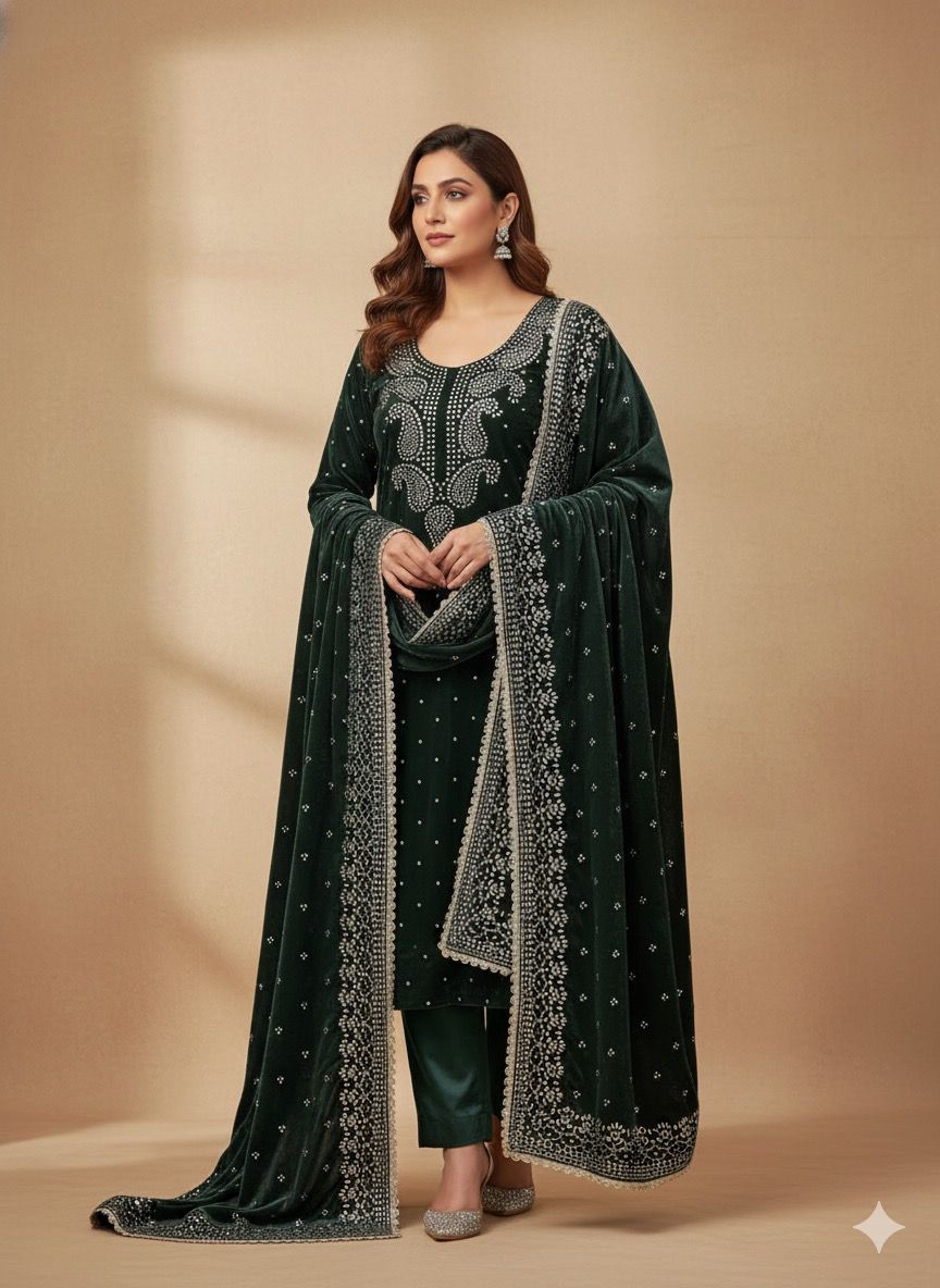 Micro Velvet Foil Pasting unstitched Suit – Emerald Luxury Edition- HRVASTRAA