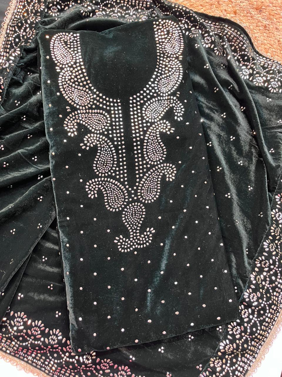 Micro Velvet Foil Pasting unstitched Suit – Emerald Luxury Edition- HRVASTRAA