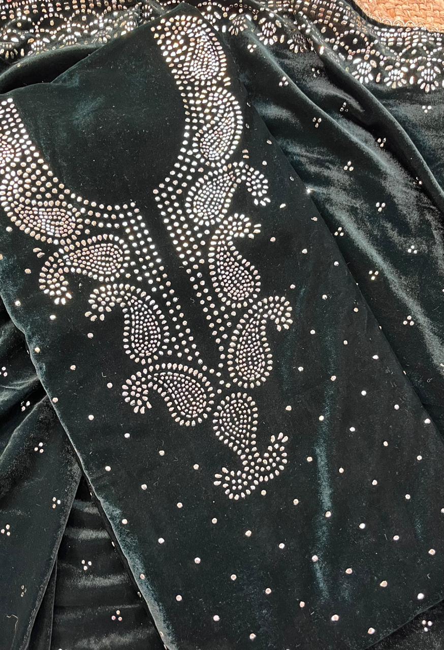 Micro Velvet Foil Pasting unstitched Suit – Emerald Luxury Edition- HRVASTRAA