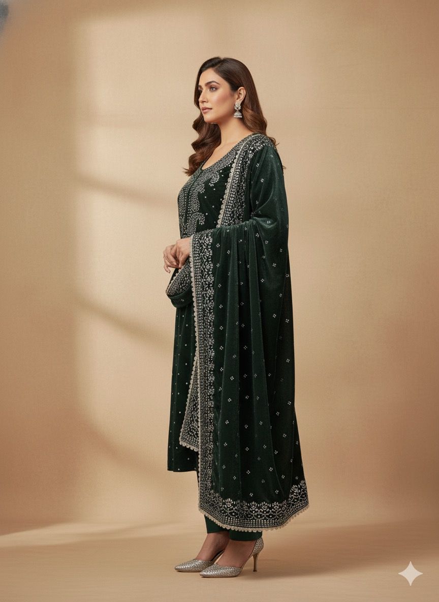Micro Velvet Foil Pasting unstitched Suit – Emerald Luxury Edition- HRVASTRAA