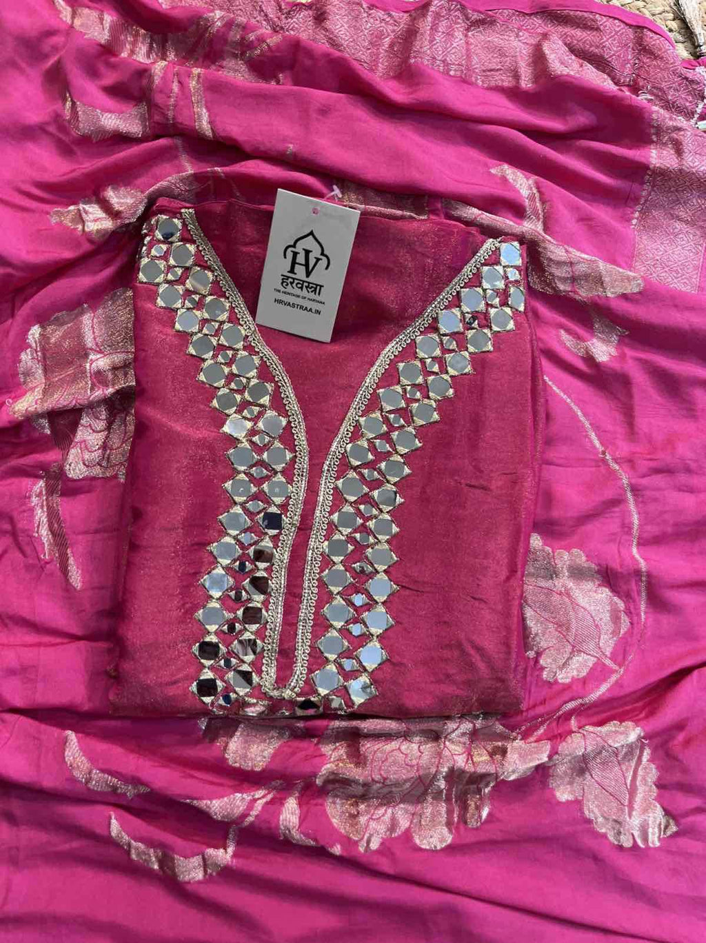 Radiant Pink ,teal blue Mirror Work Silk Suit Set