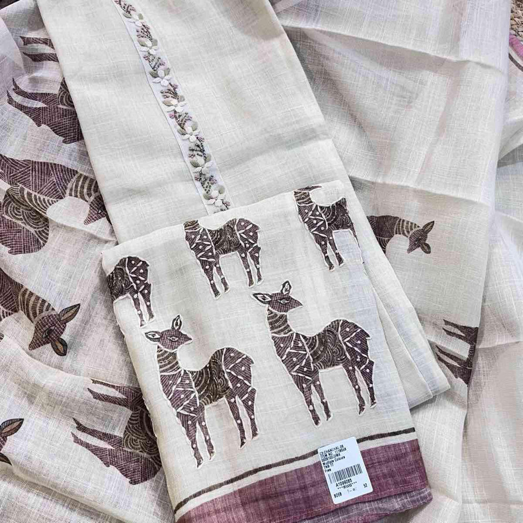 Elegant Monga Silk Handblock Deer Print Suit Set with Contrast Border