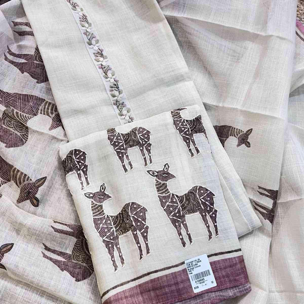 Elegant Monga Silk Handblock Deer Print Suit Set with Contrast Border