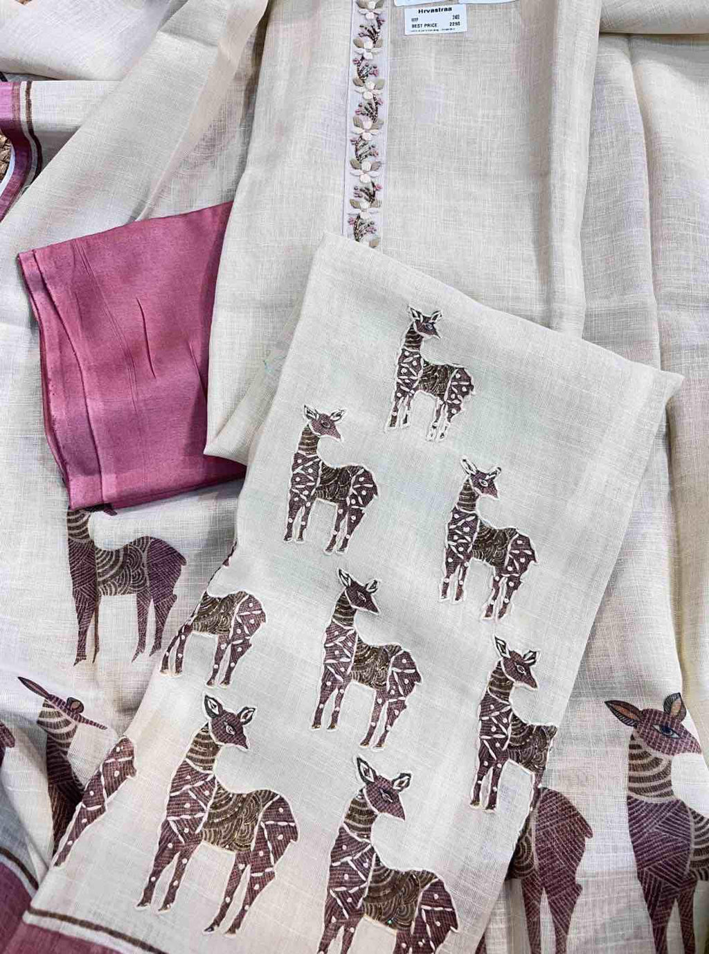 Elegant Monga Silk Handblock Deer Print Suit Set with Contrast Border