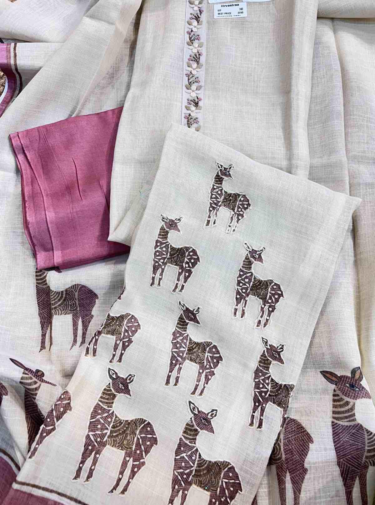Elegant Monga Silk Handblock Deer Print Suit Set with Contrast Border