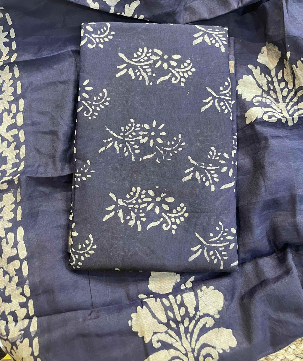 Elegant Maheshwari Silk Suit in dark slate blue with Hand Block Print