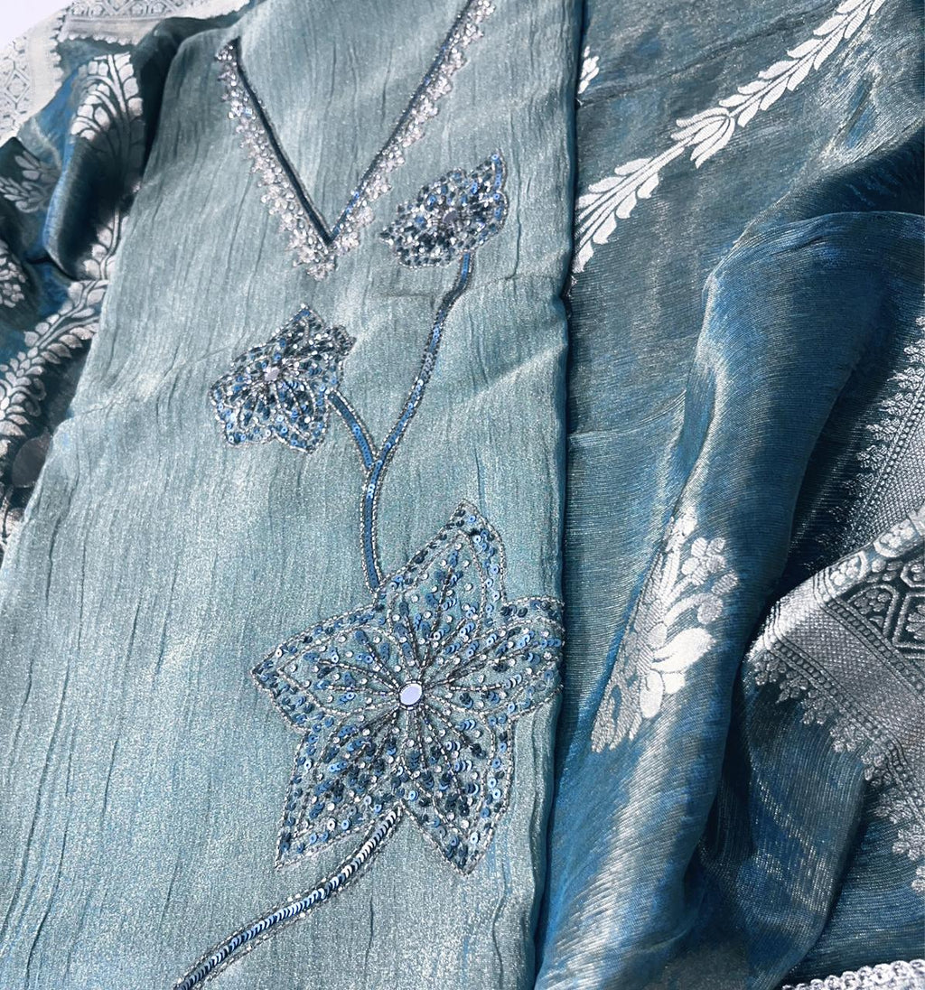 Metallic Shimmer Crush Tissue Silk Suit with Hand Embroidery & Banarasi Dupatta  Grey and dark green