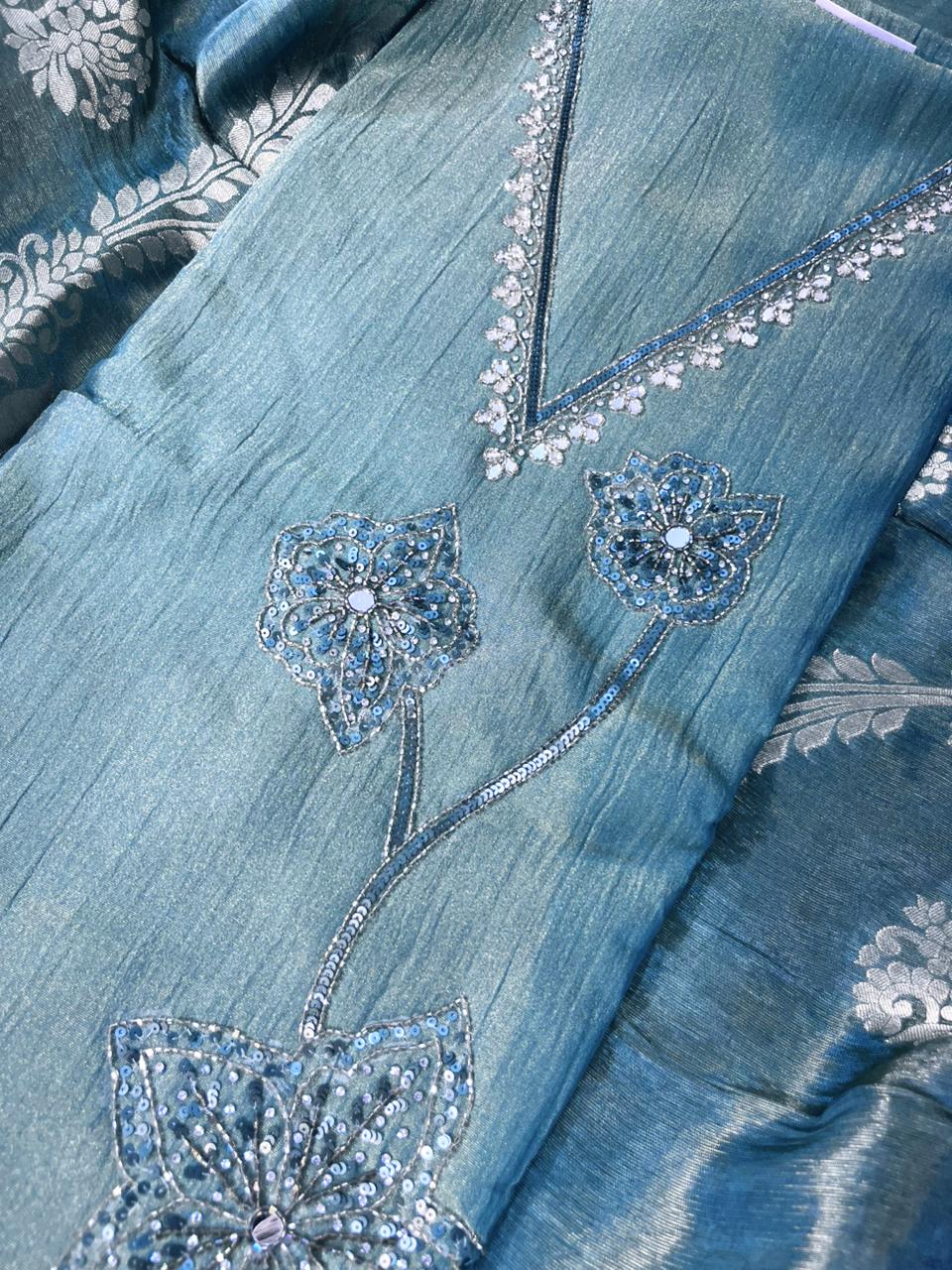 Metallic Shimmer Crush Tissue Silk Suit with Hand Embroidery & Banarasi Dupatta  Grey and dark green