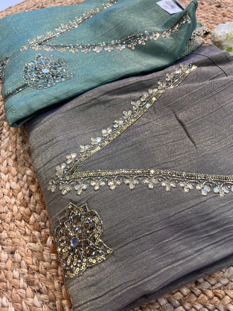 Metallic Shimmer Crush Tissue Silk Suit with Hand Embroidery & Banarasi Dupatta  Grey and dark green