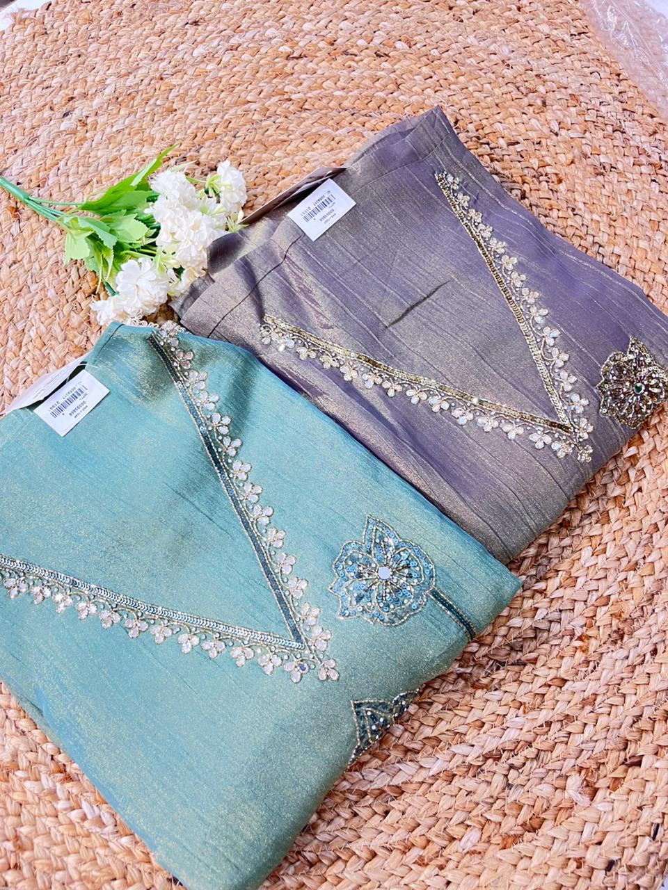 Metallic Shimmer Crush Tissue Silk Suit with Hand Embroidery & Banarasi Dupatta  Grey and dark green