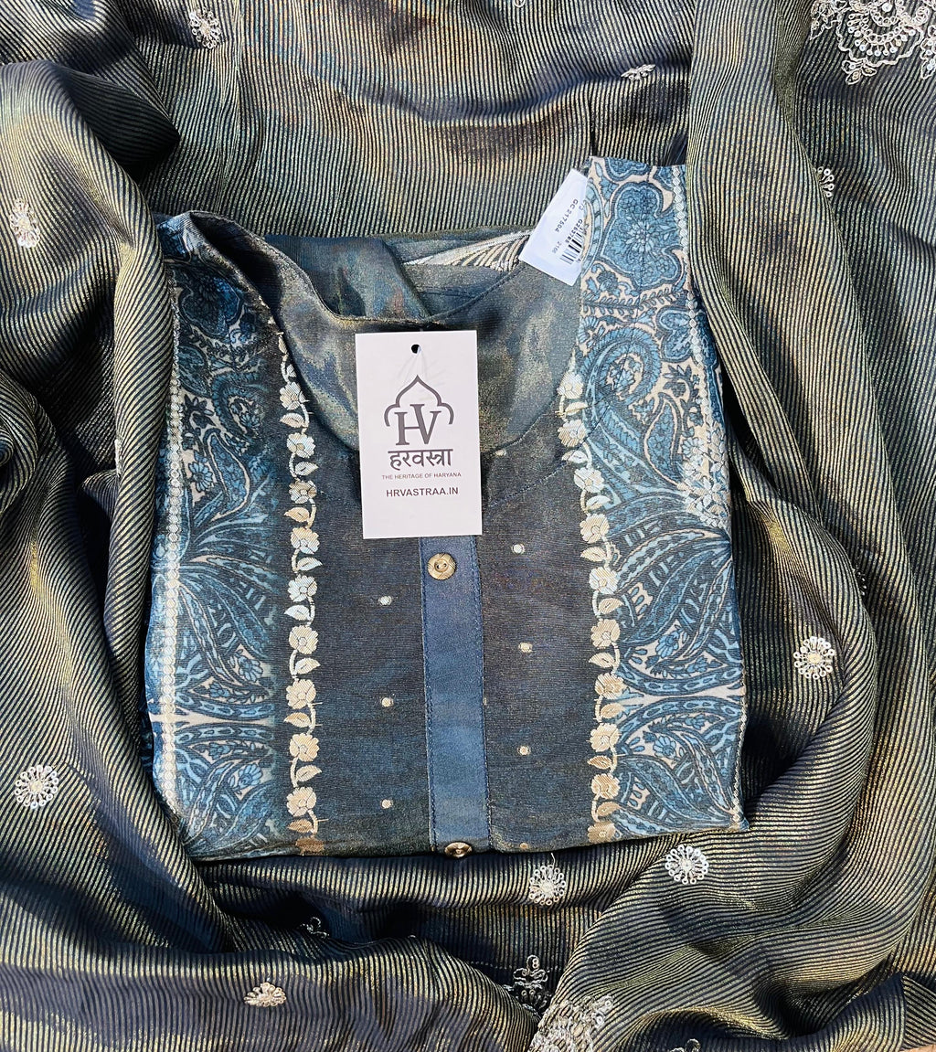 Deep black-blue base with a rich olive-golden dupatta — a rare and royal combination that exudes elegance.